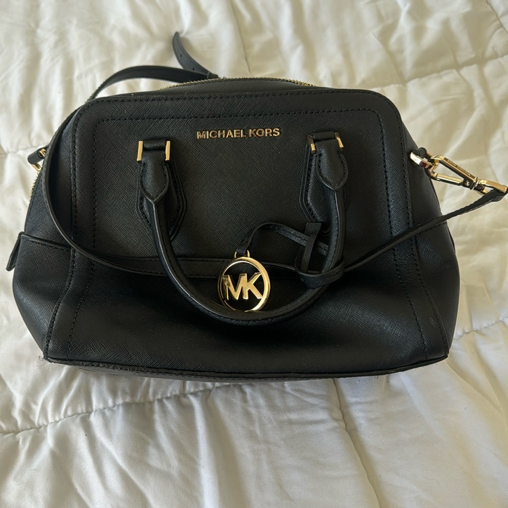 Michael Kors Black Leather Satchel with Gold Hardware